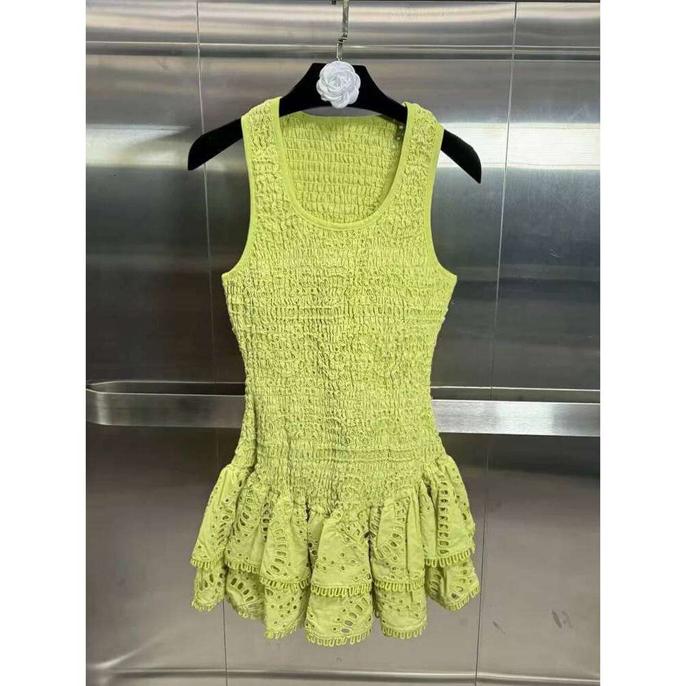 VGH Solid Hollow Out Embroidery For Women Round Neck Sleeveless Backless High Waist Sexy Slimming Mini Dress Female New