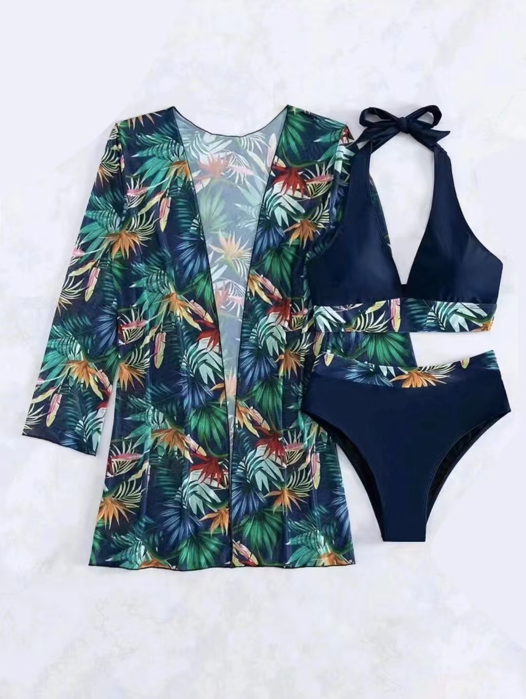 Halter Print Bikini 2024 Women Swimsuit With Kimono High Waist Swimwear Female Bathers Bathing Swimming Swim Suit Beachwear