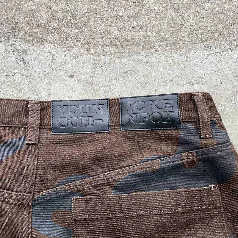 2K Fashion Vintage Jeans Camouflage Pattern Printing Leather Patch High Waist Wide Leg Jeans Trend Men Women Casual Streetwear X250718