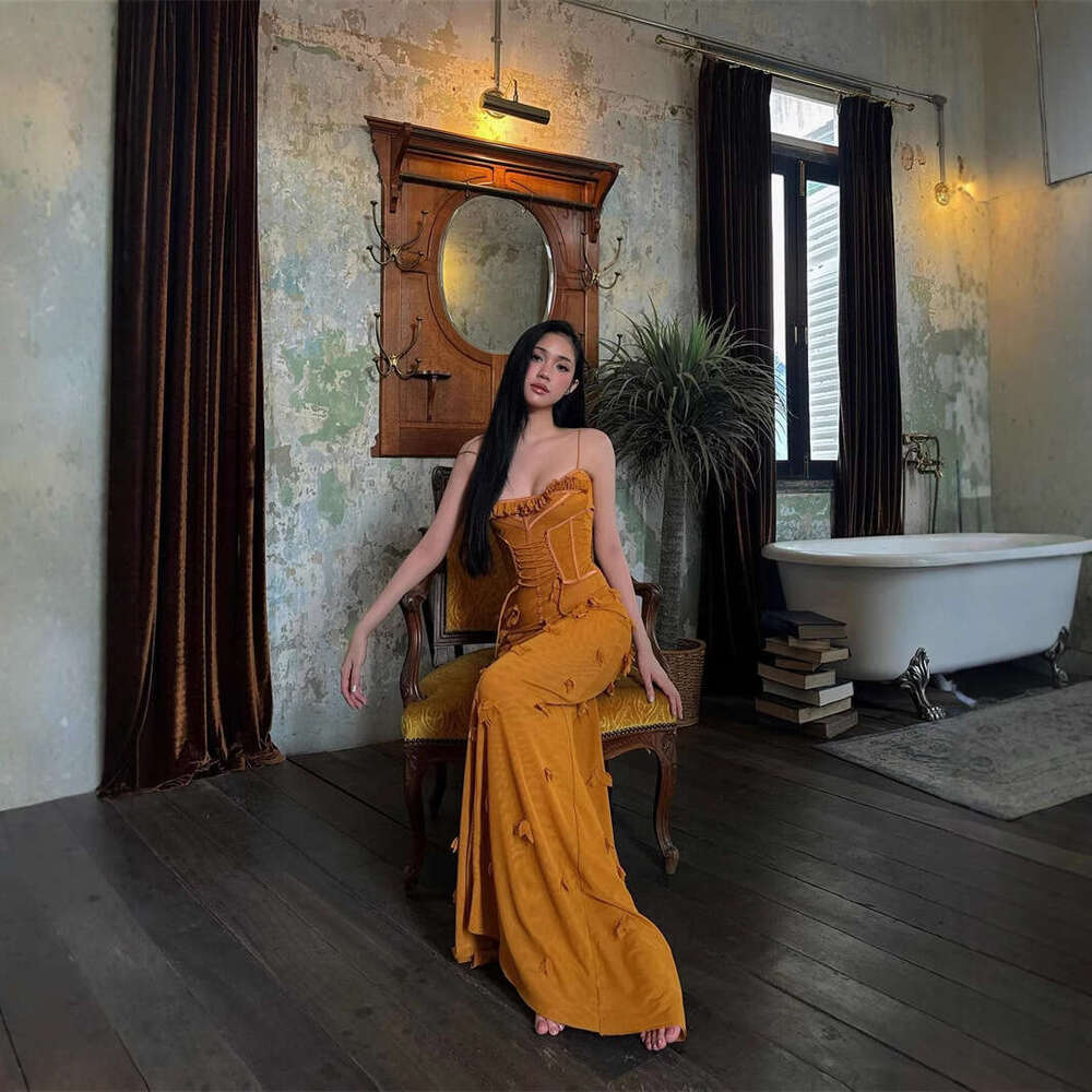 Spring Summer New Women's Vietnamese Niche Fishbone Strap Mesh Waist Slimming Floral Gown Long Dress B5