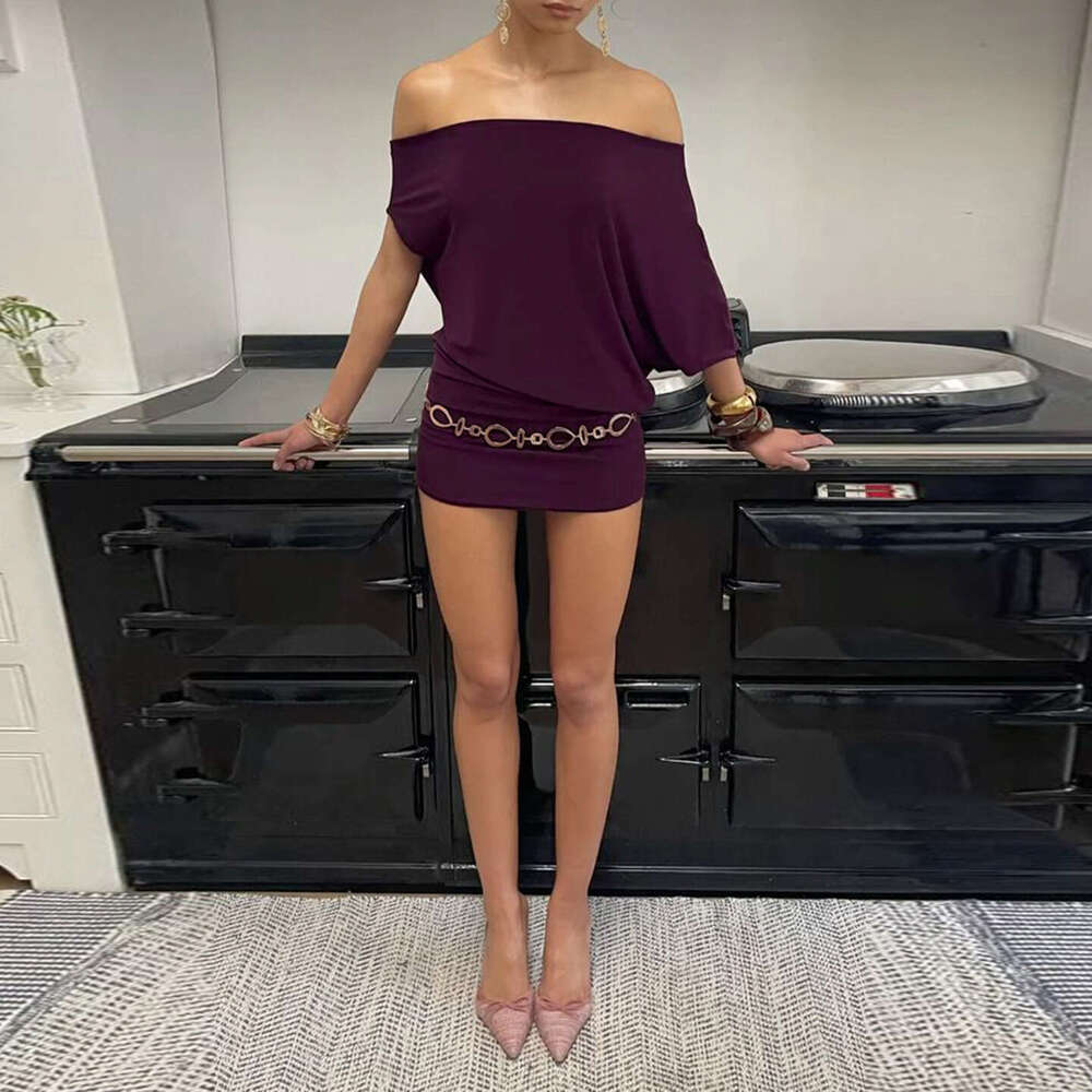 Sexy Women's Solid Color Asymmetrical Neck Two-Way Batwing Sleeve Waist-Cinching Bodycon Hot Girl Short Dress B5 g5