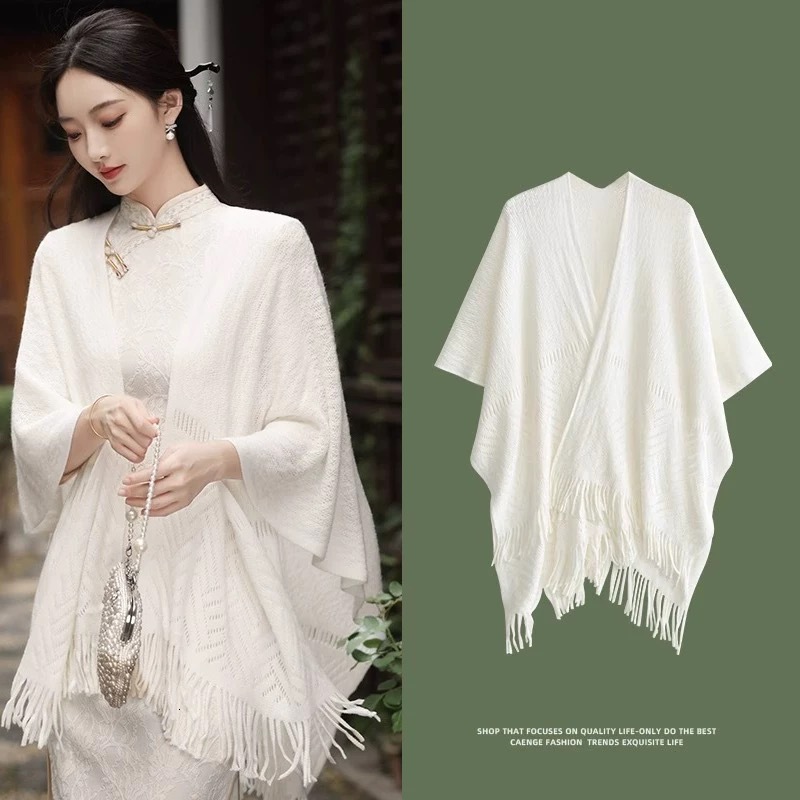 New Fashion Tassel Cape Cardigan Air-conditioned Room Office Hollow Knitted Shawl Women White Cheongsam Outerwear