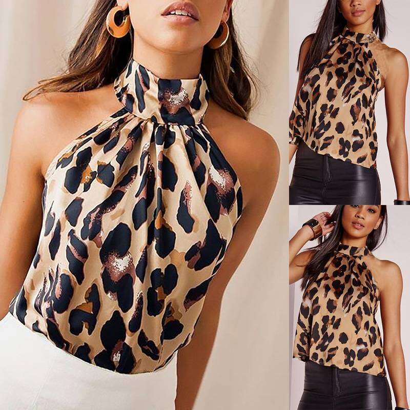 Summer Women's Leopard Print Thin Halter Neck Slim Fit Off-Shoulder Sleeveless Sexy Spicy Girl Versatile Base Shirt B5