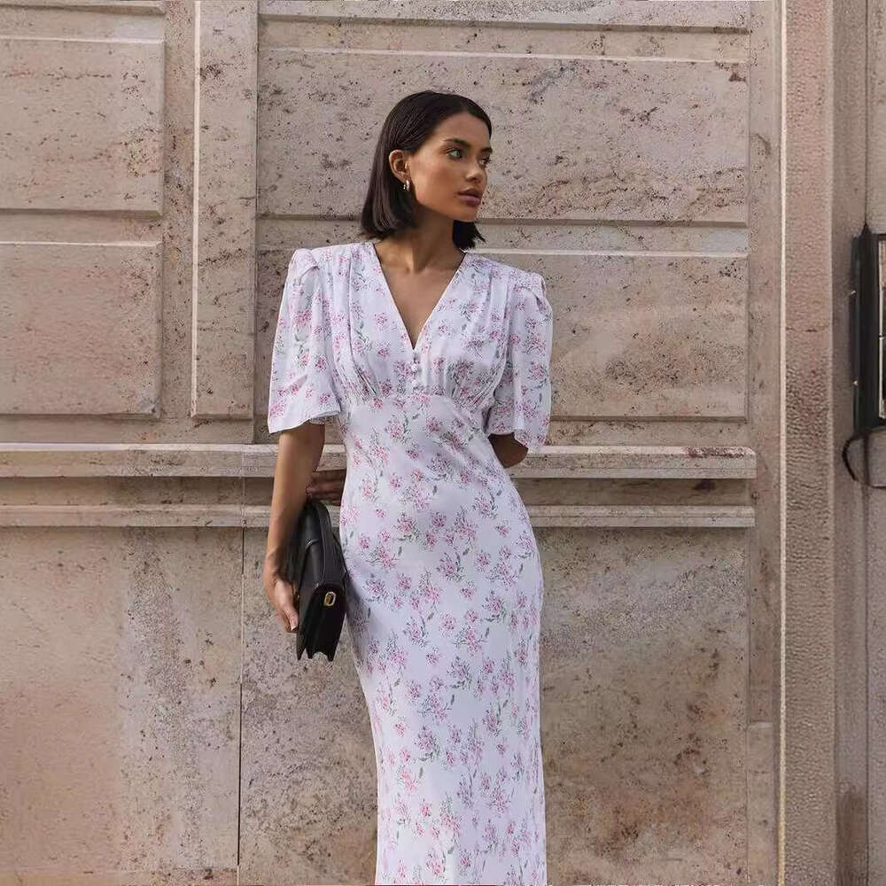 Short Sleeve Summer New V-Neck Regular Shoulder High Waist Long Floral Dress B5