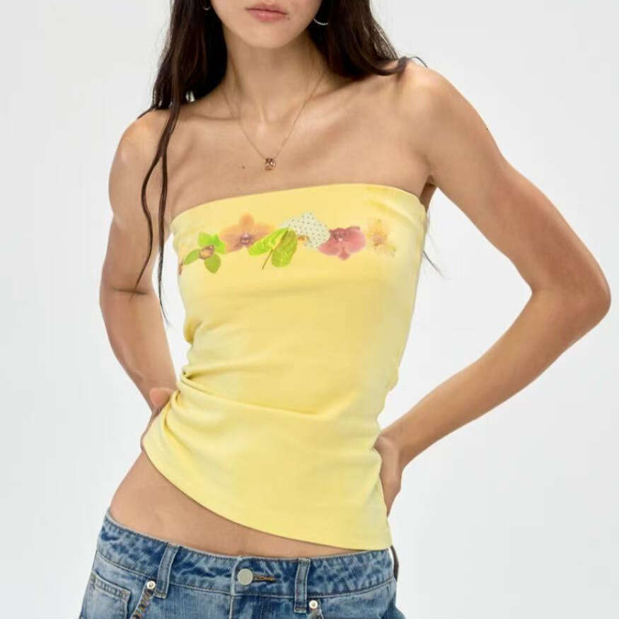 Spicy Girl Pure Desire Floral Print Tube Vest Summer Vacation Style Fresh Top B5