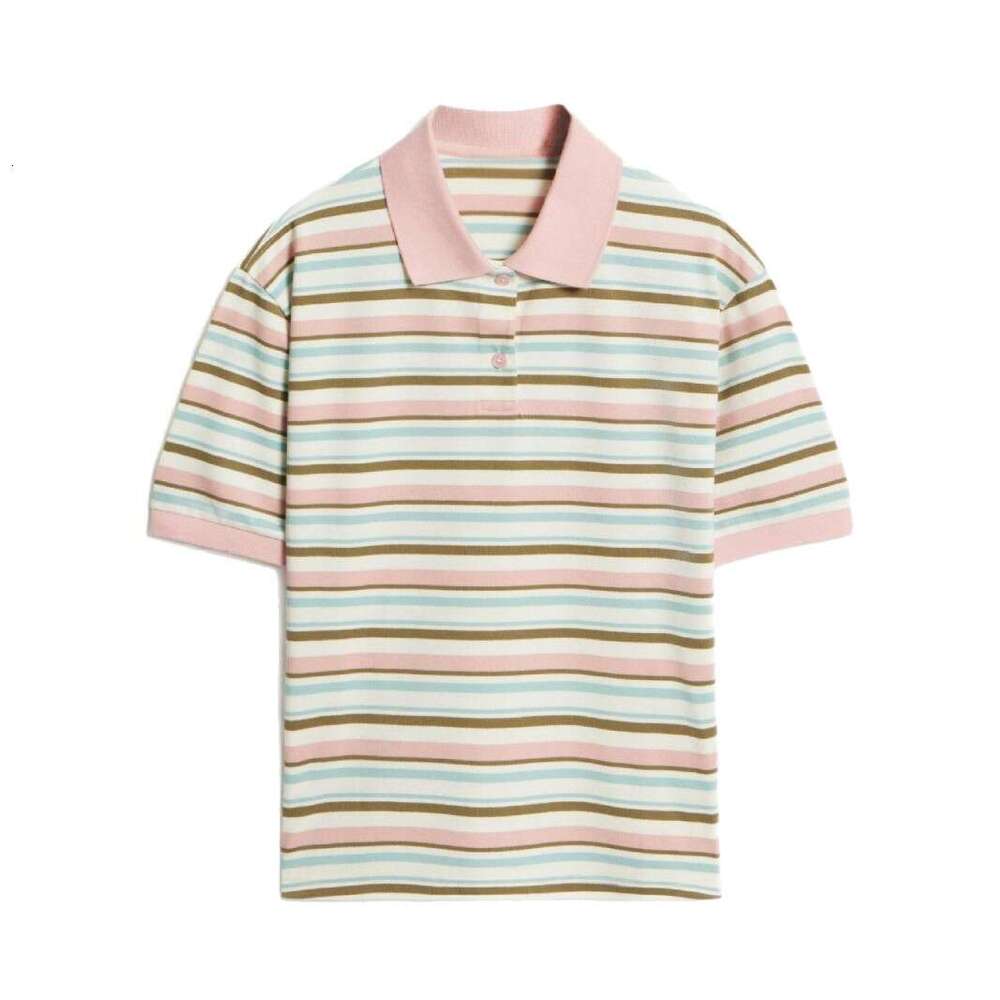 Striped T-Shirt Summer New Color Block Polo Shirt Loose Casual Short Sleeve Women B5