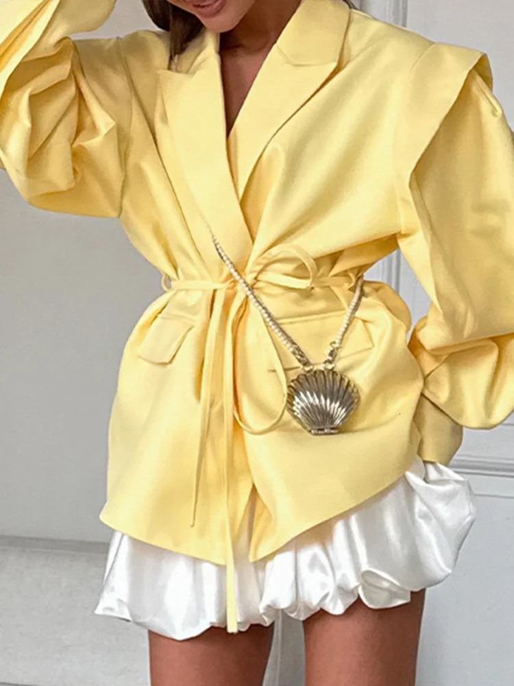 FMZXG 2025 Spring Summer Streetwear Lady Jacket Fashion Solid Lapel Blazer Jackets Women Long Sleeve Single Button Lace Up Coats 250715