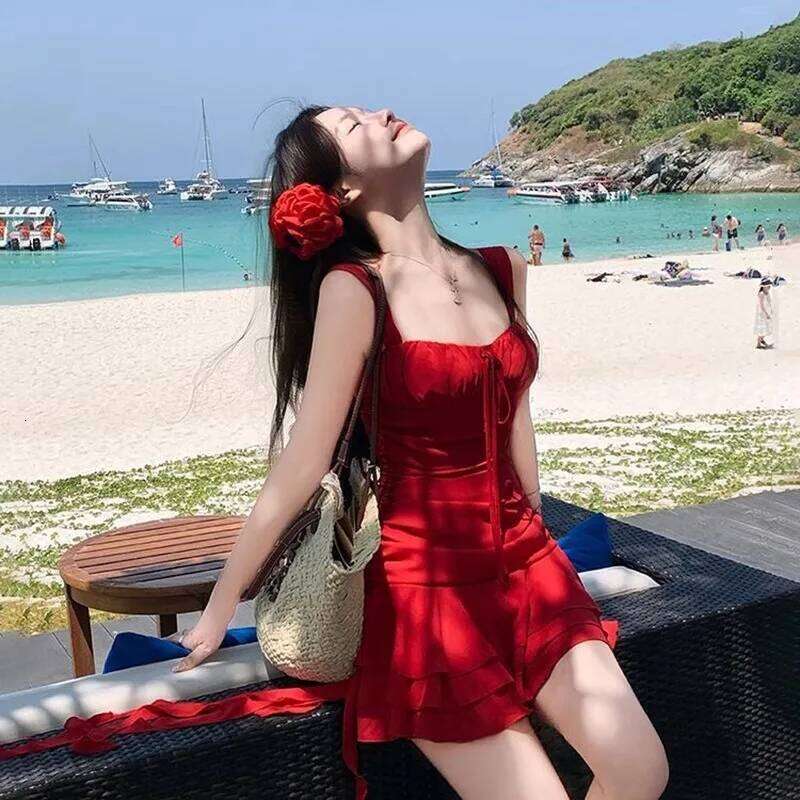 Bright 2025 New Women's Summer White Seaside Vacation Red Dress Hot Spring Swimsuit Bathing Suit Women