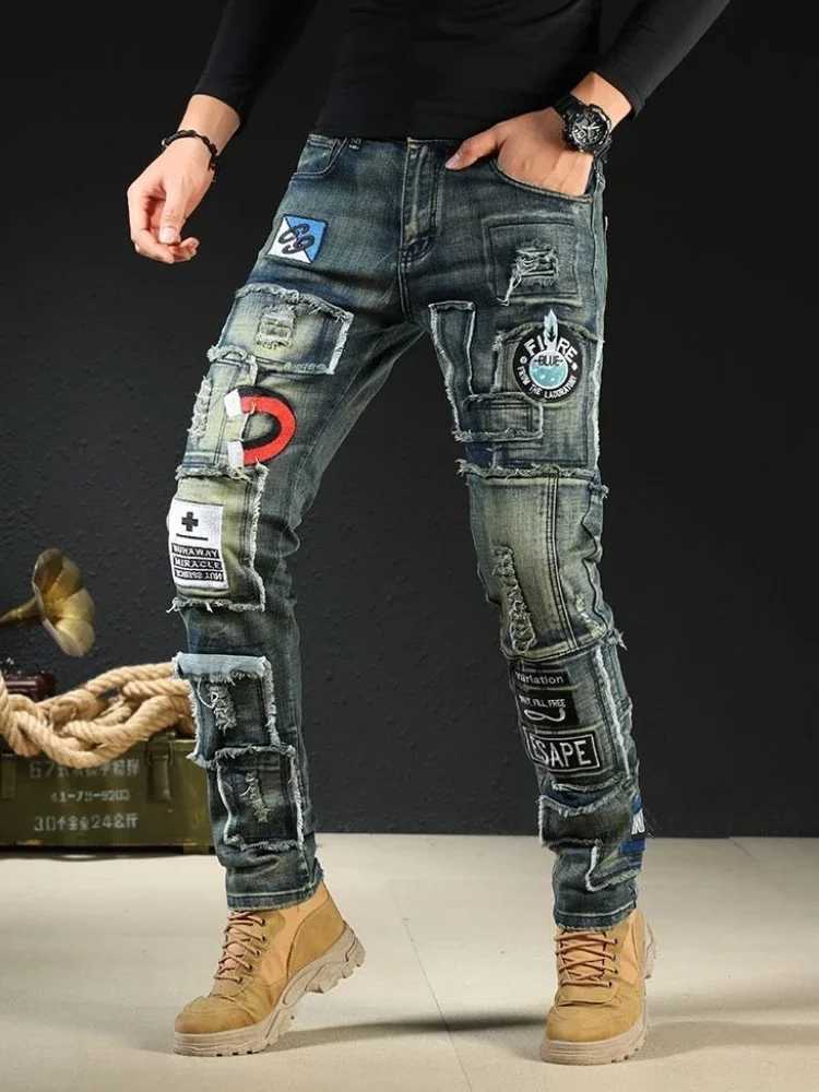 Male Cowboy Pants with Holes Trousers Torn Broken Punk Tapered Ripped Mens Jeans Washed Casual 2024 Trend Korean Autumn Goth Xs X250718