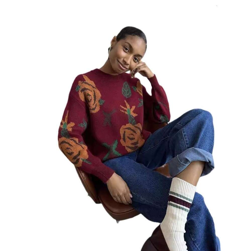 Autumn Winter New Style Round Neck Sweater Flower Knit Loose Soft Knitted Top Women's Clothing B5