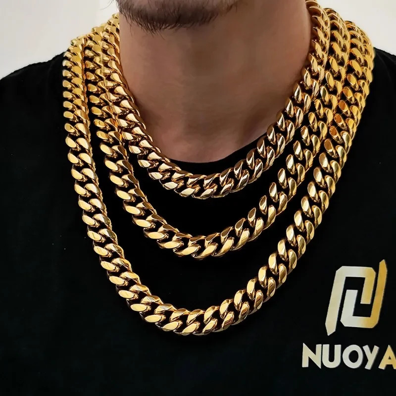 6-12mm Hip Hop Cuban Chain Iced Clasp Stainless Steel 18K Gold Plated Chaine For Men Necklace Jewelry 250717