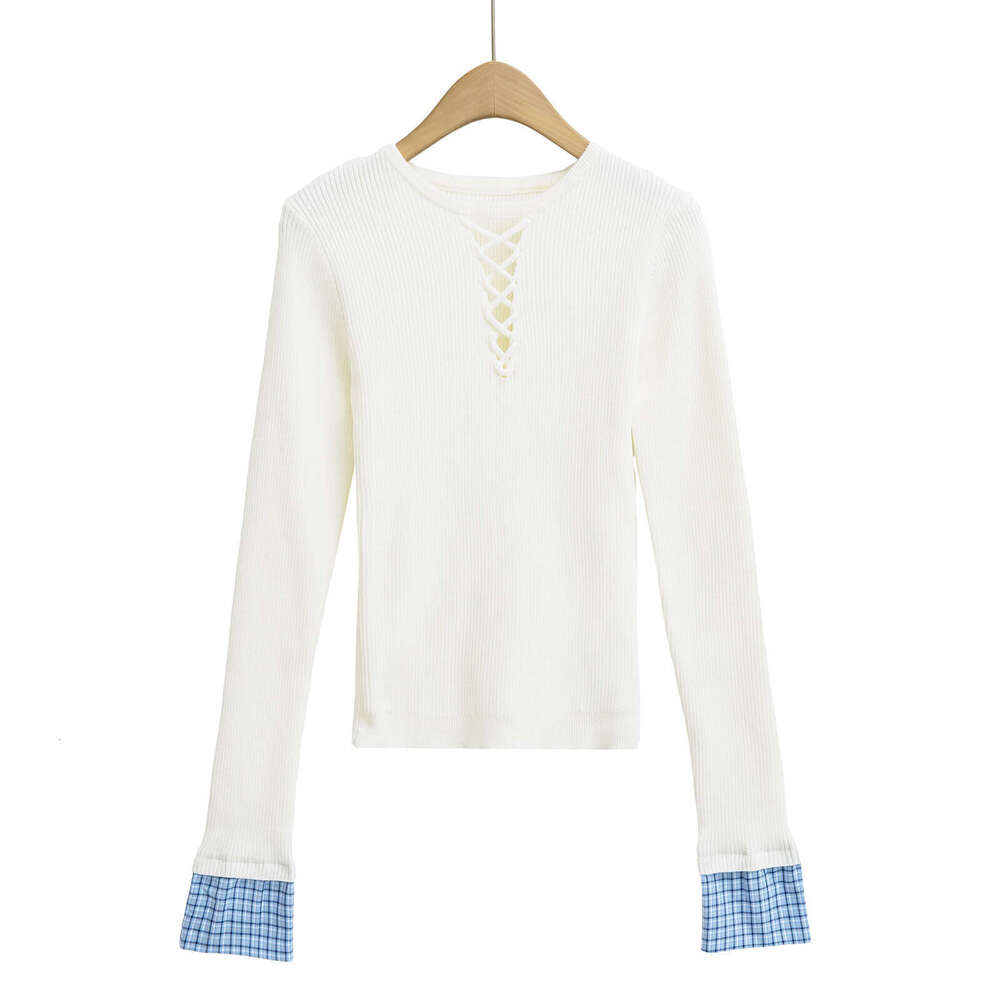 Spicy Girl Hollow Out Color-Block Plaid Patchwork Long Sleeve Knitted Spring Design Sense Pure Desire Slimming Inner Wear Top B5
