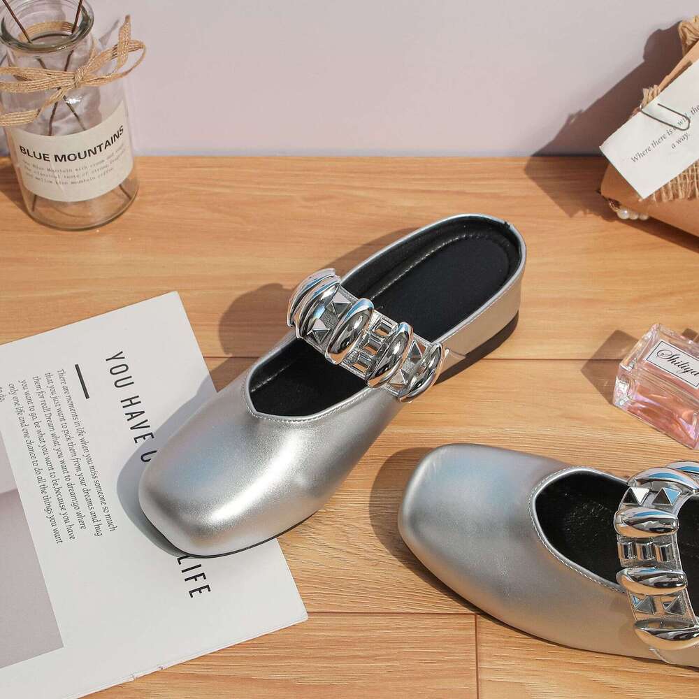 Summer New Style Closed-Toe Sandals for Women, High-End Elegant Square-Toe with Hidden Wedge, Silver Mary Jane Shoes