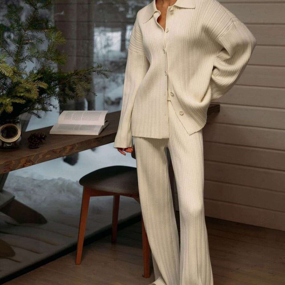 Knitted Autumn Ins New Ribbed Sweater Cardigan + Wide-Leg Pants Two-Piece Set B5