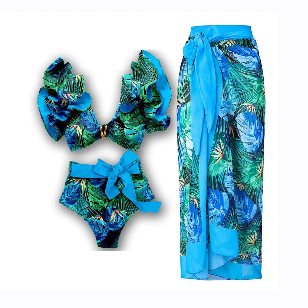 Sexy Printed Bikinis With Cover Up Women Swimwear 2025 Shoulder Ruffle Swimsuit Female V Neck Biquini Bathingsuit Beachwear