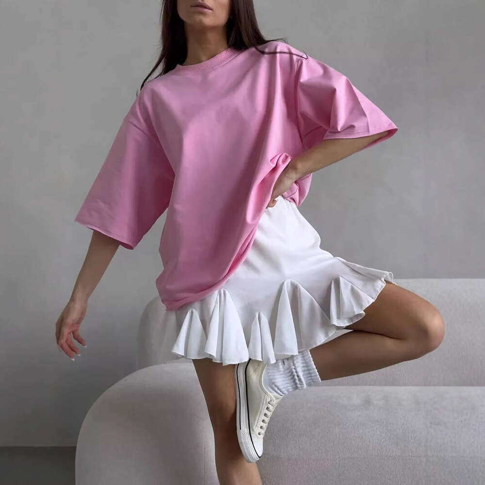 Pure Cotton T-Shirt For Women, Frayed Crew Neck, Terry Cloth, Short Sleeve, Loose Basic Top B5