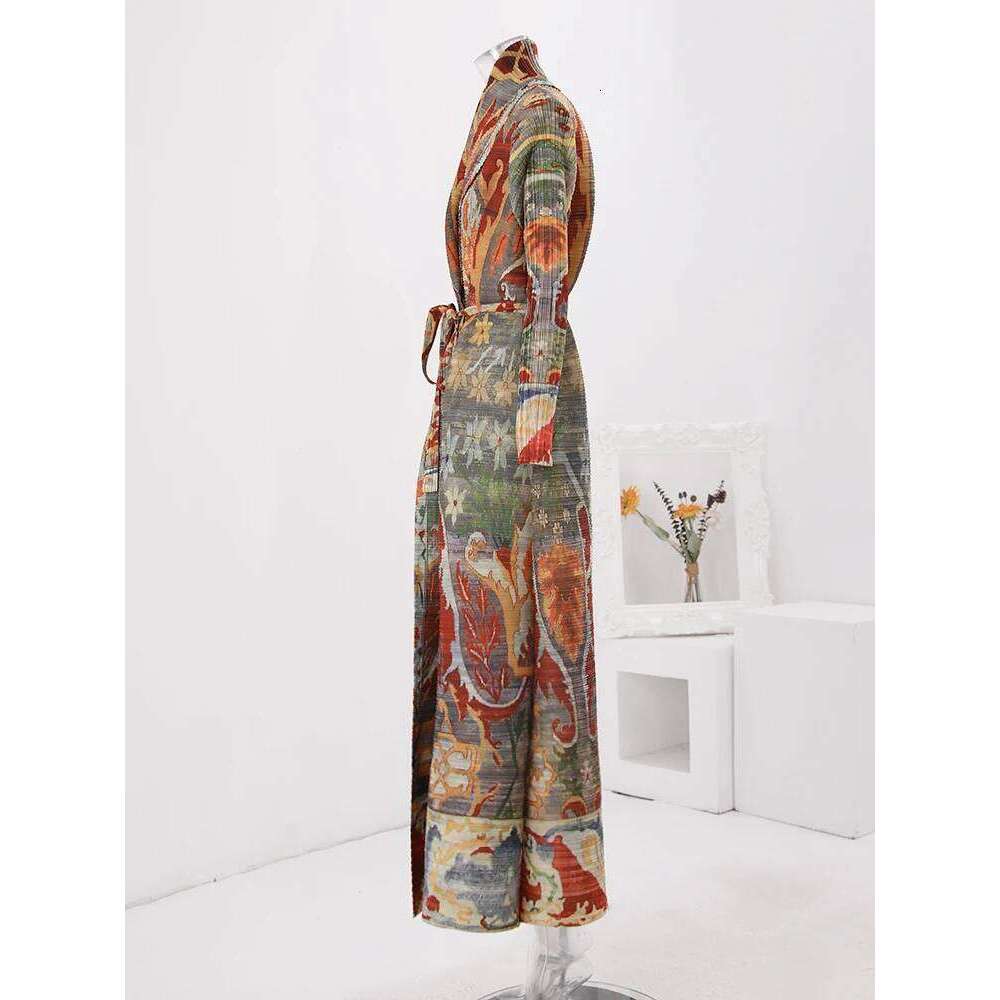 LANMREM Fashion Designer Print Pleated Windbreaker Women Scraf Collar Belt Gathered Waist Contrast Color 2024 New Coat 32C1261