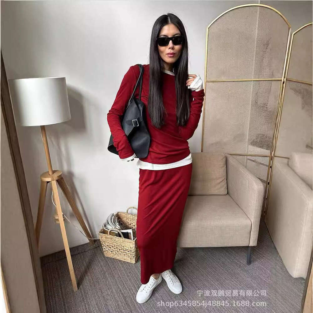 Autumn Winter New Soft Modal Women's Style Casual Top + Wide Leg Pants Christmas Red Two Piece Set B5
