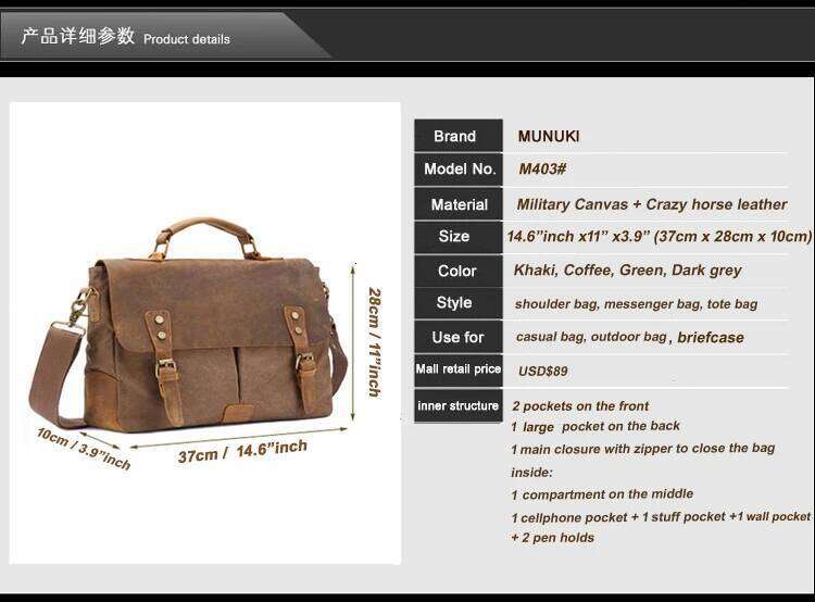 Vintage Crossbody Bag Canvas + Leather Shoulder Bags Men Messenger Men Leather Handbag Tote Briefcase Satchel Leisure Bag