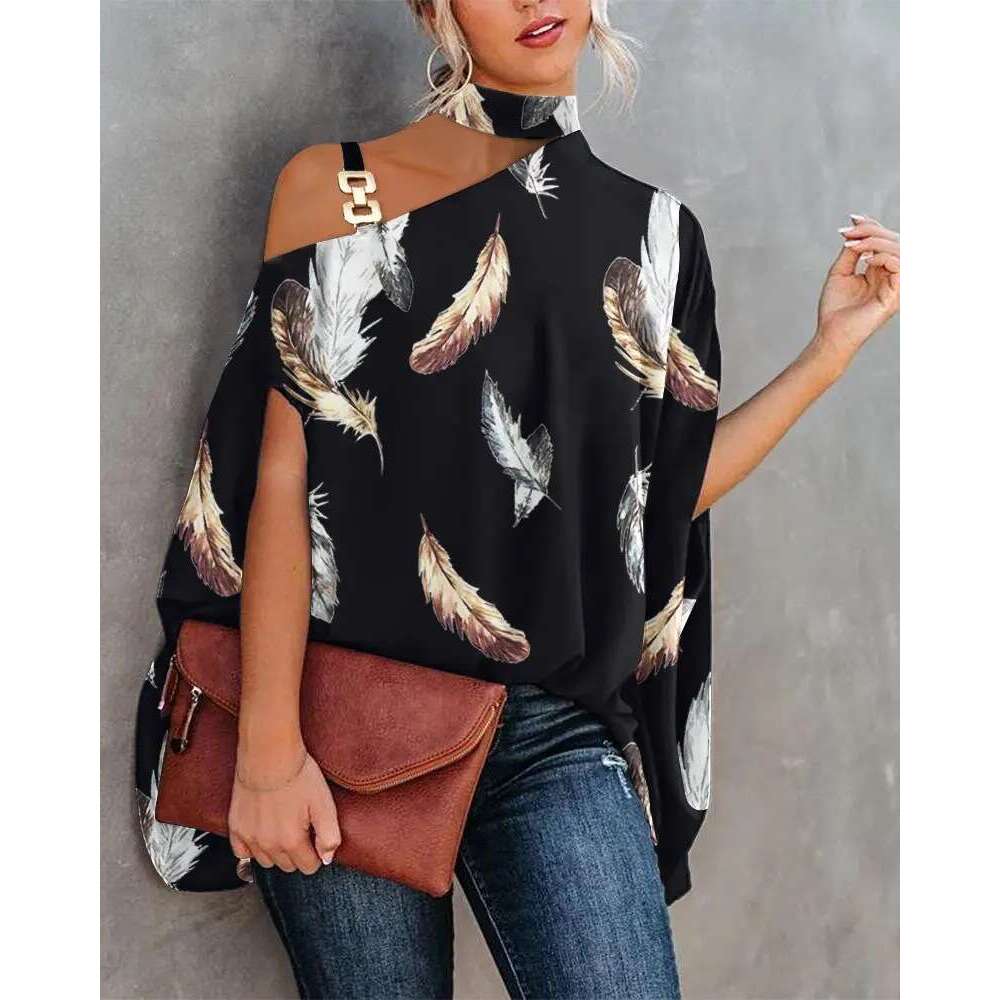 Summer Loose Women's Halter Neck Printed Elegant Short Sleeve Batwing Blouse B5