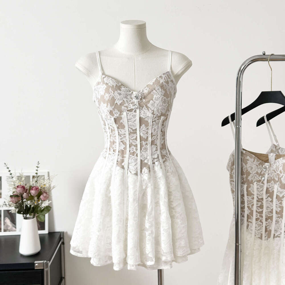 25 Spring Summer Vietnamese Design Sense Niche Fairy Square Neck Sexy Strapless Flared Sleeve Waist-Cinching Ruched Lace Dress B5