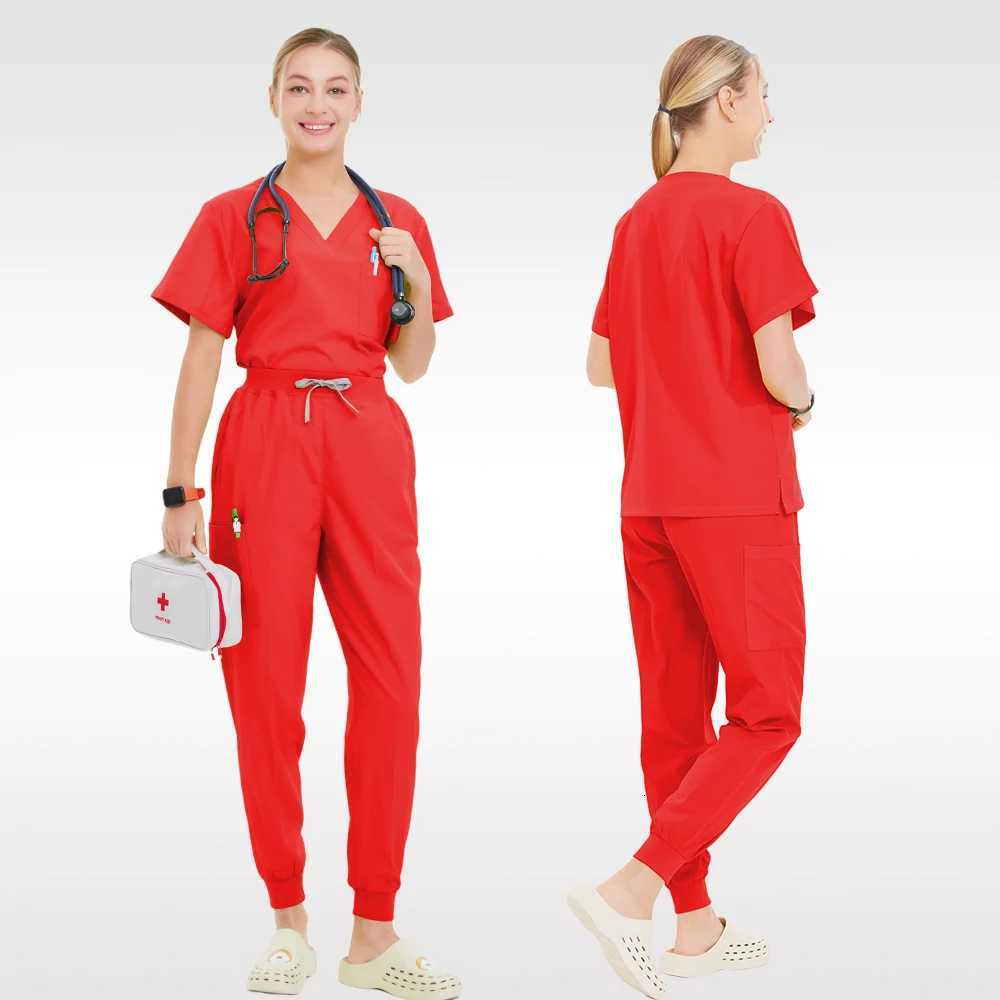 Red Color Doctor Nurse Uniforms Hospital Nursing Sets Qucik Dry Dental Clinic Scrub sets with large packages for Women S2102 Z250718