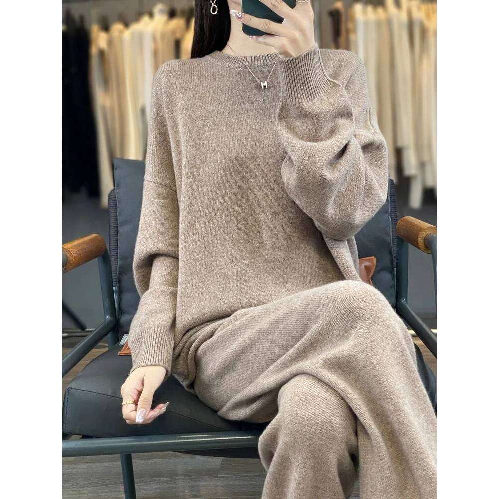 Women's Loose Suit Spring Fall Winter 100% Merino Wool O-Neck Pullover Sweater High Waist Straight Pants Knitting Two Piece Set MDNG