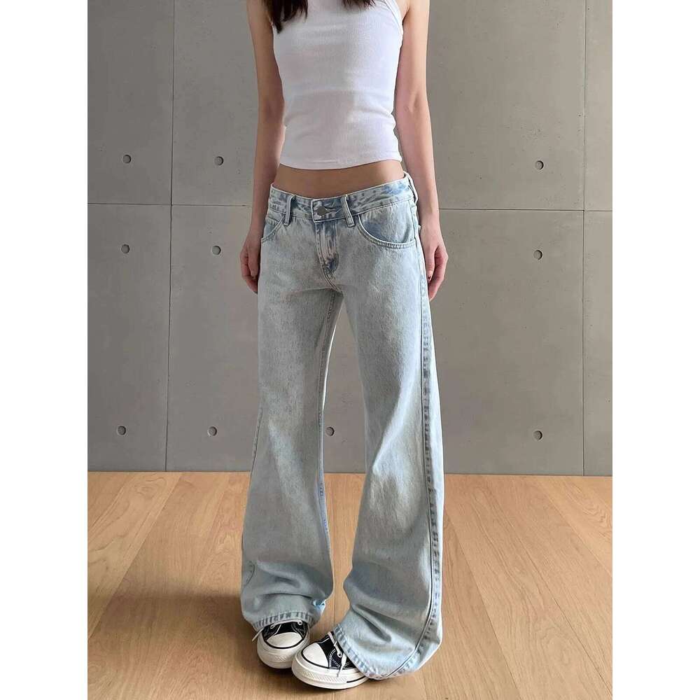 y2k Vintage Women Low Waist Zipper Button Solid Trousers with Pockets Aesthetic Streetwear Washed Jeans