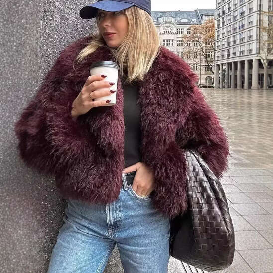 TRAFZA Women's Fashion Autumn Winter New Red Fashionable Versatile Eco-Friendly Faux Fur Short Coat B5