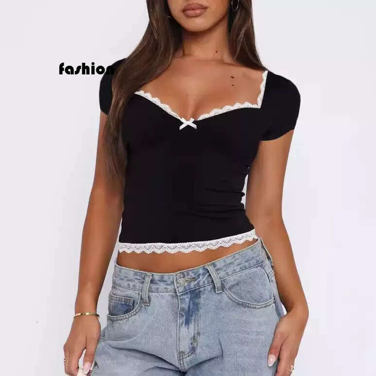 American Style Lace Square Neck Short Sleeve T-Shirt For Women Summer Slimming Versatile Basic Top B5 g5