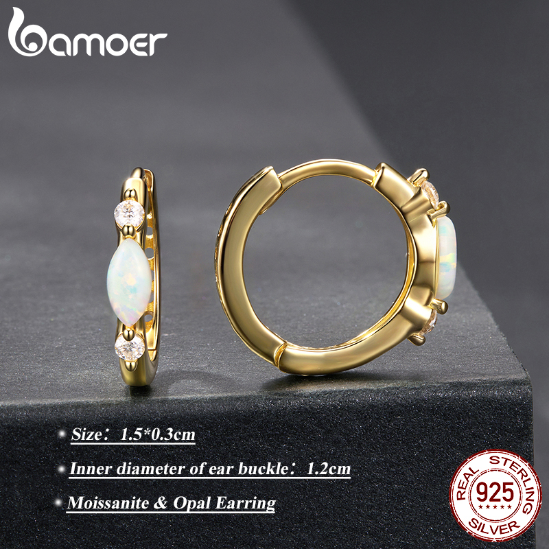 BAMOER Moissanite Hoop Earring 18K Gold Oval Opal Huggie Earrings 925 Sterling Silver Jewelry for Women Hypoallergenic Gift