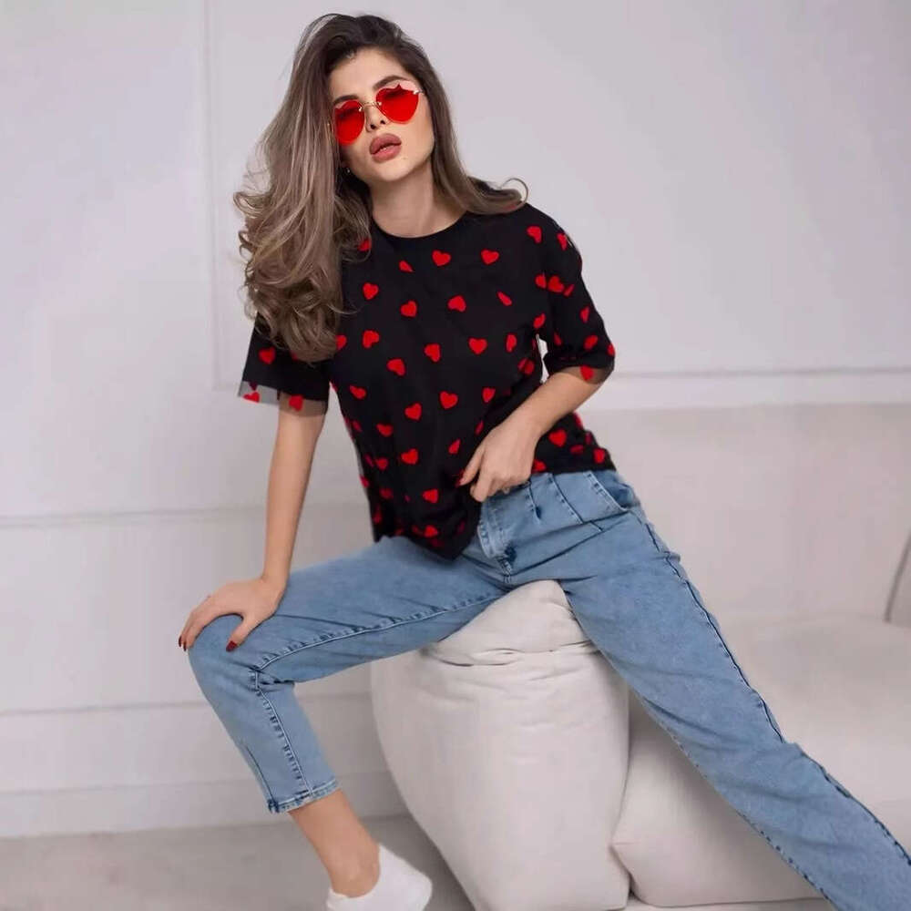 New Style Sexy Women's Heart Mesh Patchwork Loose Basic Round Neck Short Sleeve T-Shirt B5
