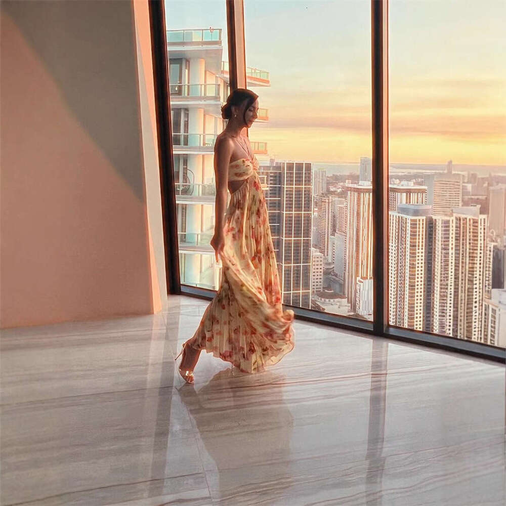 New French Style Printed Halter Spring Summer Ruched Elegant Beach Vacation Strap Long Dress B5