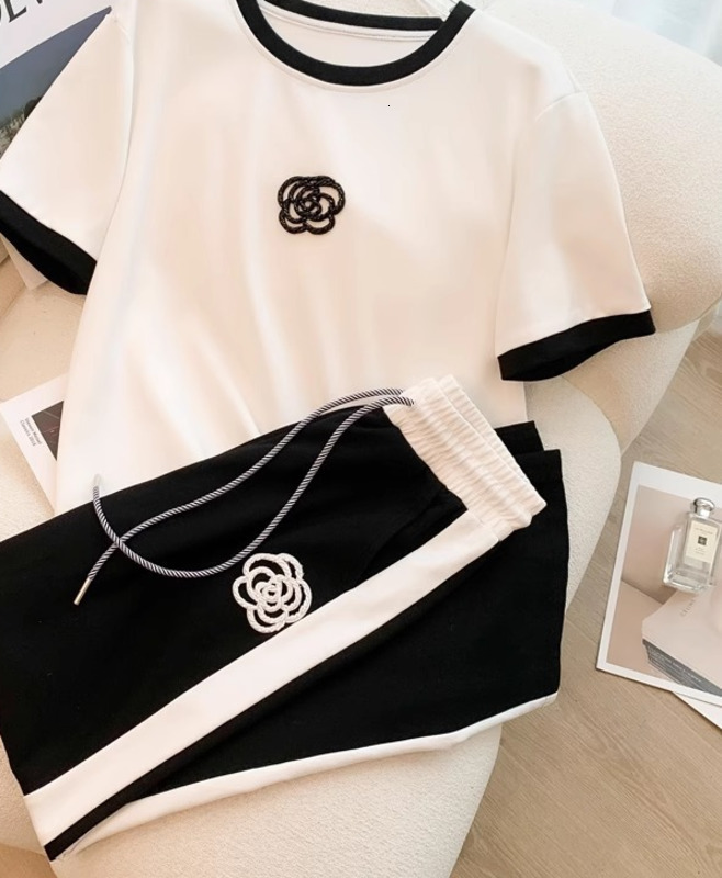 High-End Casual Sports Suit for Women Summer Thin Street Fashionable Trendy Youthful Wide-Leg Pants Fashion Two-Piece Set 250718