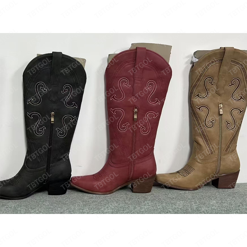 Women Cowboy Boots Retro Thick Heel Western Boots Autumn Winter Embroidered Zipper Boots Christmas Music Festival Fashion Outdoor Boot XY52