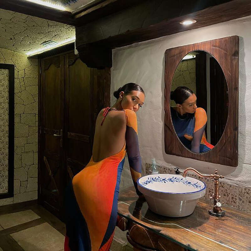 Summer New Women's Fashion Off-Shoulder Printed Sexy Backless Tight Bodycon Midi Dress B5