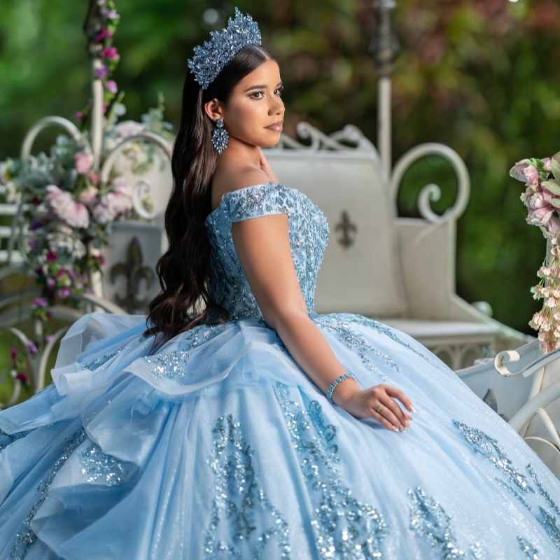 Light Blue Shiny Quinceanera Dresses Ball Gown Off The Shoulder Sequin Applique Lace Beads Tull Corset Party Birthday Sweet 16 Dress Vestidos 15 Anos
