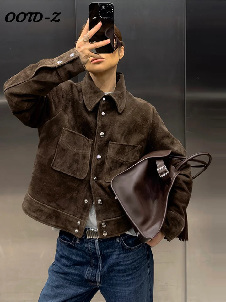 Fashion Suede Women Jacket Casual Pocket Brown Button Turn-down Collar Long Sleeve Lady Coat 2025 Spring Female Outwear 250715