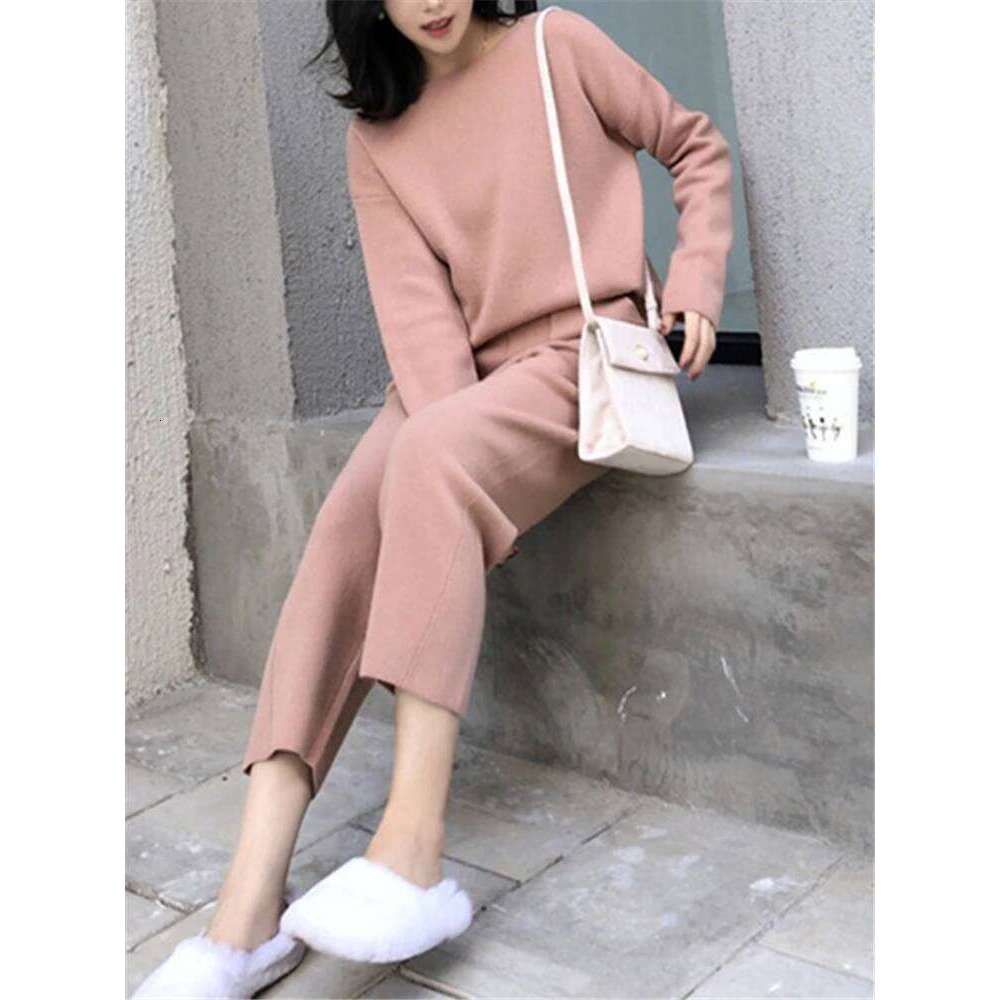2 Pieces Women's Sets Warm Knitted Tracksuit Autumn Winter O-Neck Sweater And Casual Harme Pants Pullover Suits MDNG