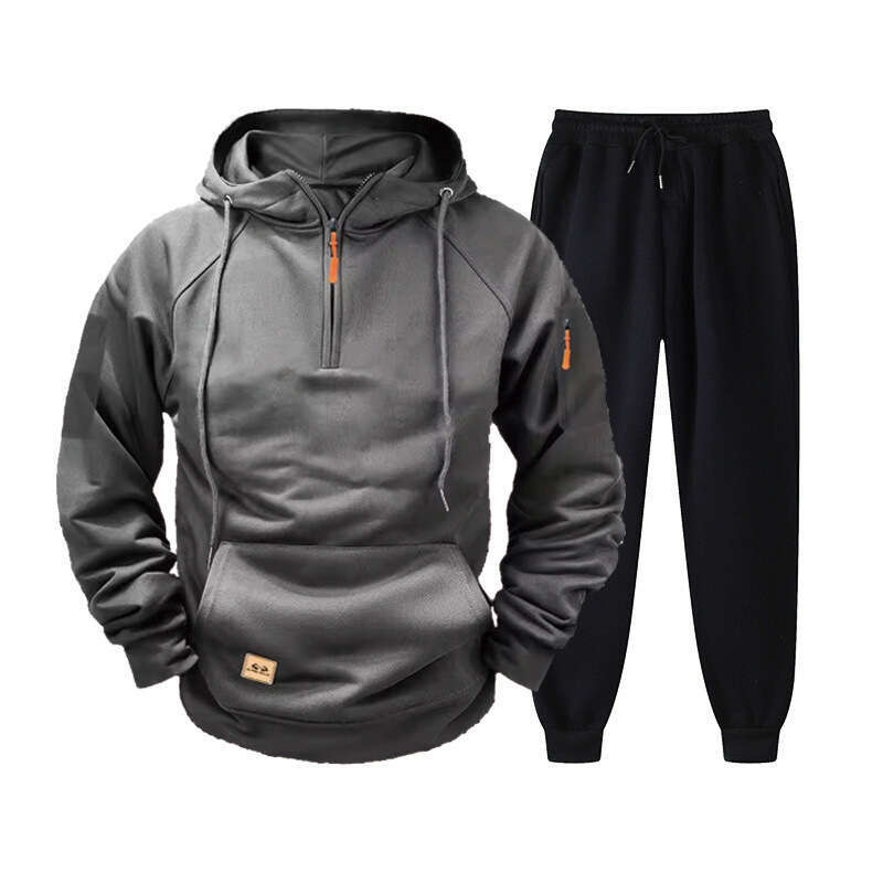Zipper Pullover Sports Set Fashion Multi-Pocket Fleece Men's Hoodie Sweatpants B5