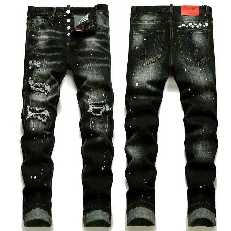 Men Black Skinny Denim Jeans Holes Jeans Italian Style Stretch Ripped Denim Pants Quality Male Slim Fit Denim Trousers Size 42 X250718