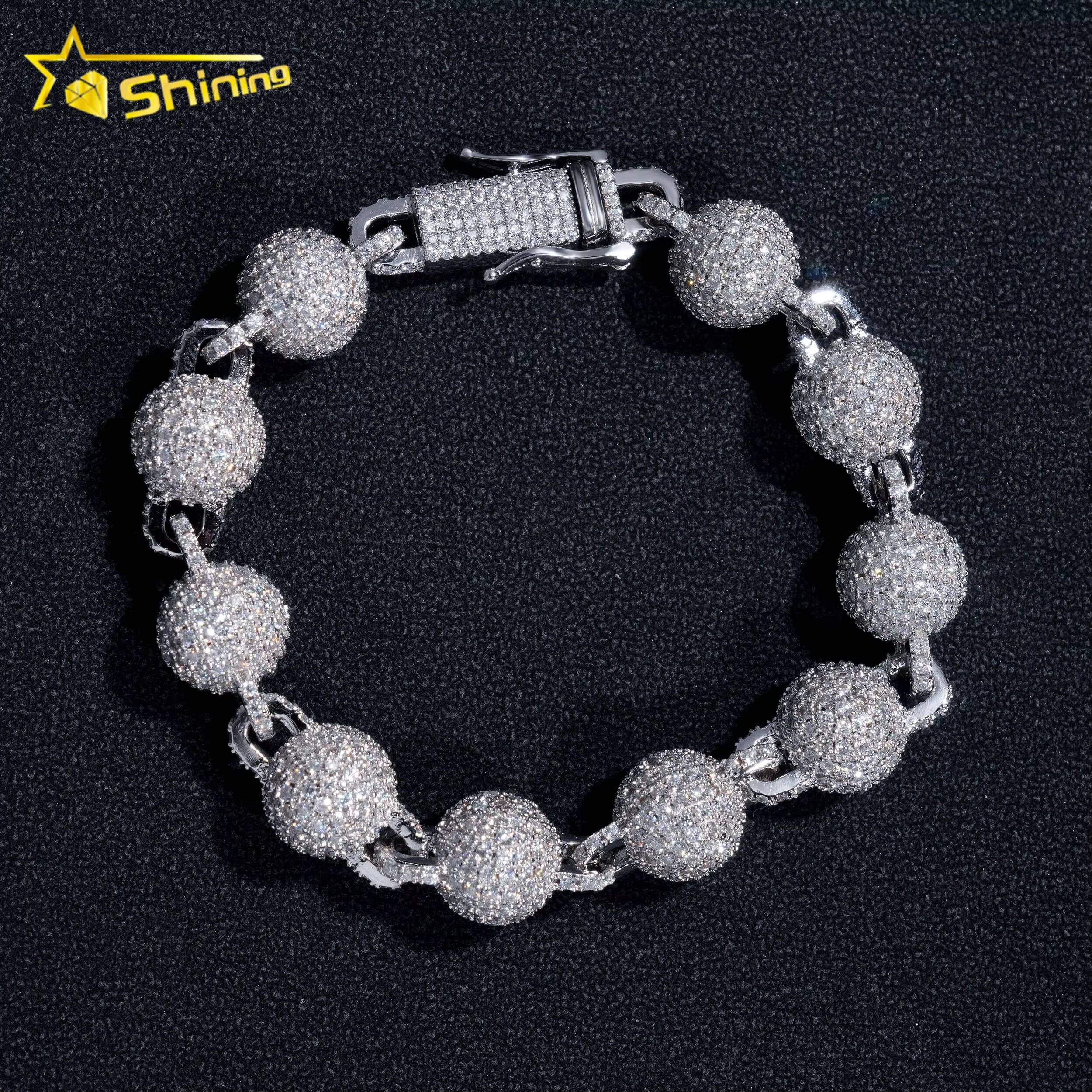 Hip Hop Jewelry 925 Silver Fashion 10MM Iced Out Diamond Moissanite Bead Ball Bracelet