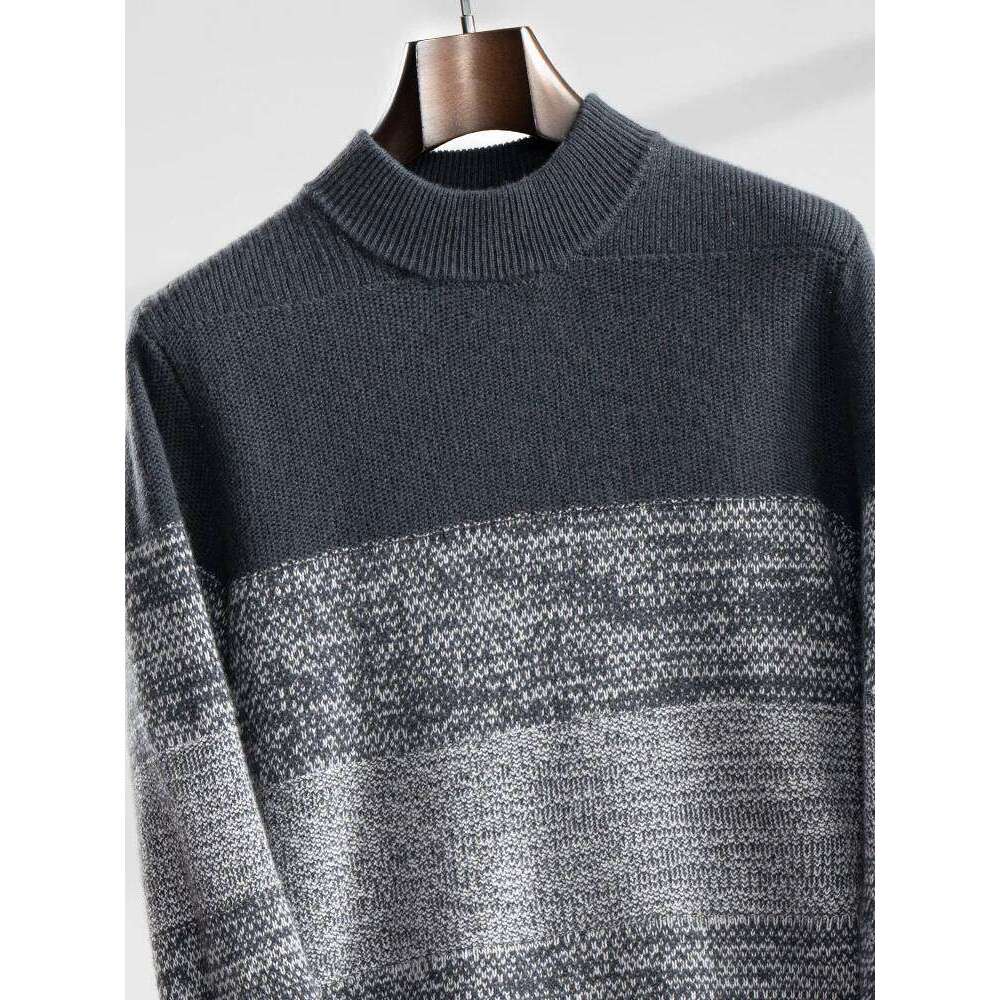 High Quality Men Sweater Mock Neck Striped Pullover Autumn Winter Thick 100% Cashmere Knitwear Soft Warm Clothing Tops