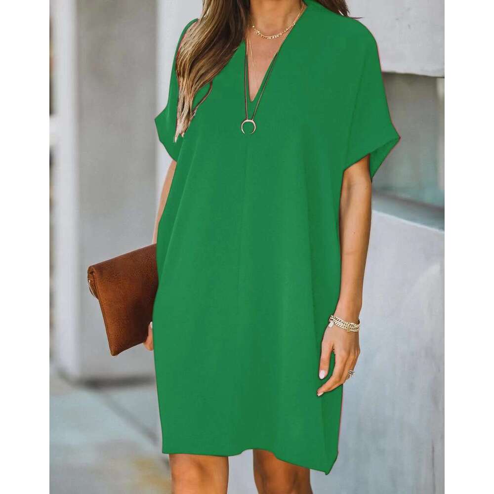 Summer Fashion Women's Solid Color H-Shaped Loose Casual V-Neck Short Sleeve Homewear Dress B5