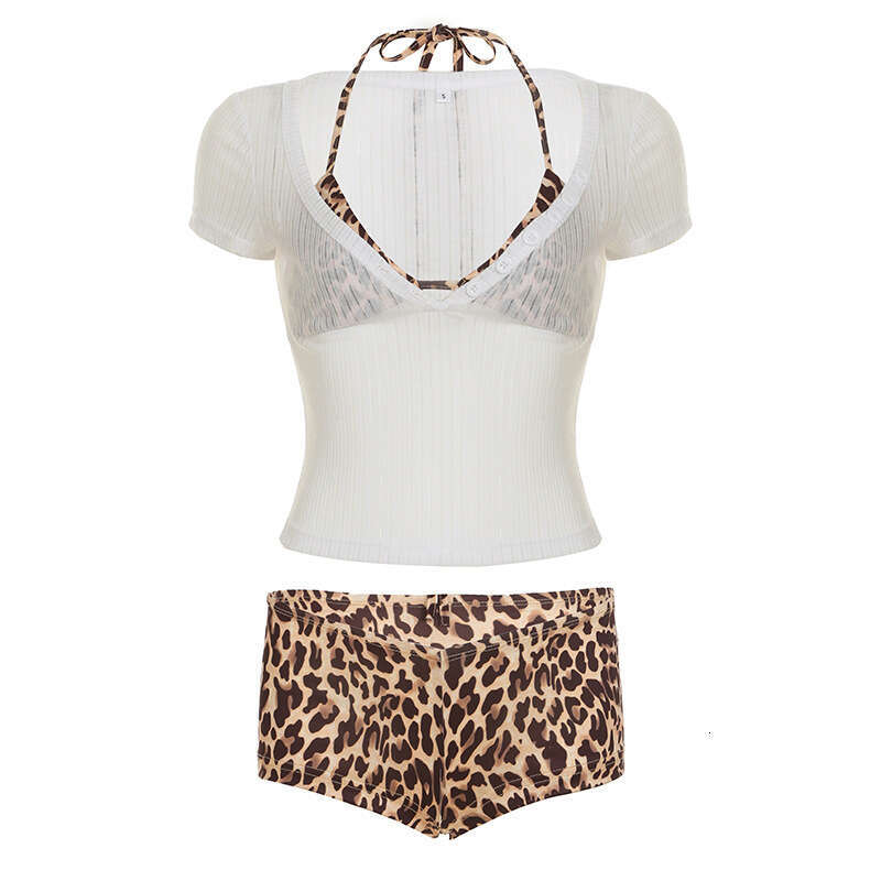 Summer Fashion Ribbed Button Three-Piece Set Sexy Leopard Print Camisole Top Shorts T-Shirt Hot Girl Outfit For Women B5 g5
