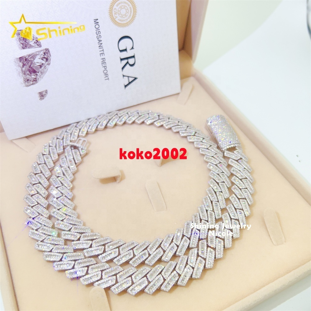 Fine Jewelry High Quality Bling 925 Silver 15mm Hip Hop Miami Iced Out Vvs Moissanite baguette Cuban Link Chain