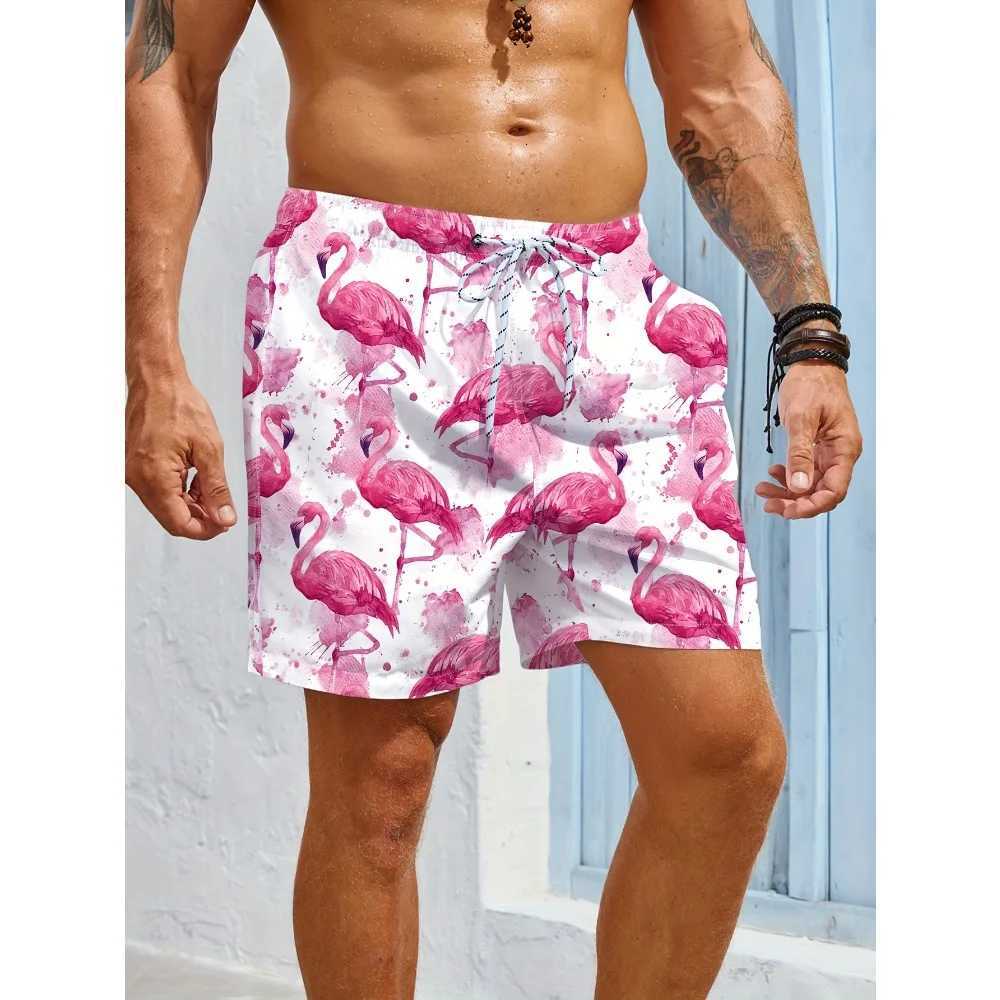 Mens Casual Beach Shorts - Quick-Dry Drawstring Waist with Pockets Flamingo Print Summer Vacations Outdoor Activities W250718