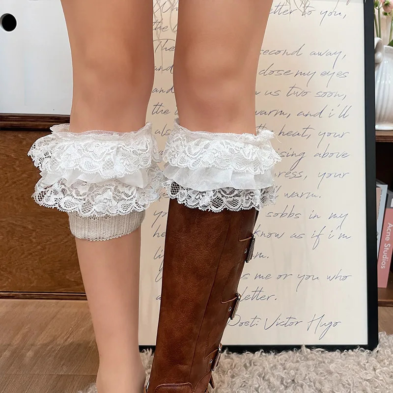 Vintage Lace Boots Socks Leg Warmer Japanese Women Y2K Lace Knitted Winter Warm Cotton Blends Leg Cover Socks Cuffs Accessories 250717