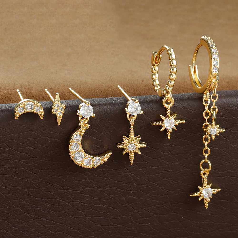 6PCS New Stainless Steel Chain Star Moon Hoop Earrings Set For Women Cubic Zirconia Pendant Cartilage Earring Piercing Jewelry X2507181