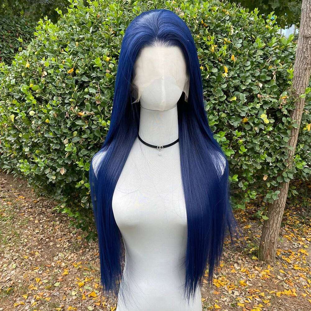Dark Blue 13X4 Synthetic Front For Women 26 Inch Long Sliky Straight Lace Wigs Half Hand Tied 150% Density Glueless